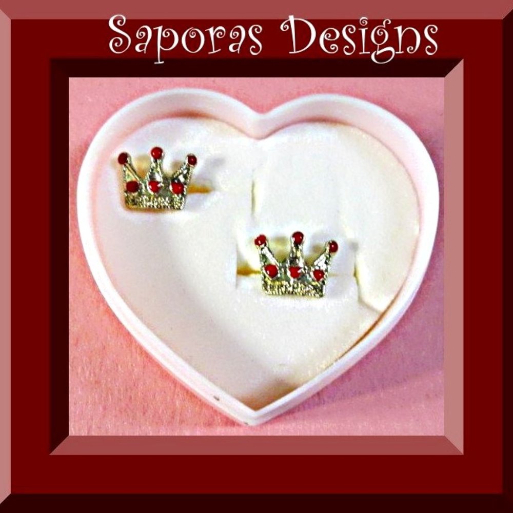 Gold Tone & Red In Color Crown Design Stud Earrings For Kids